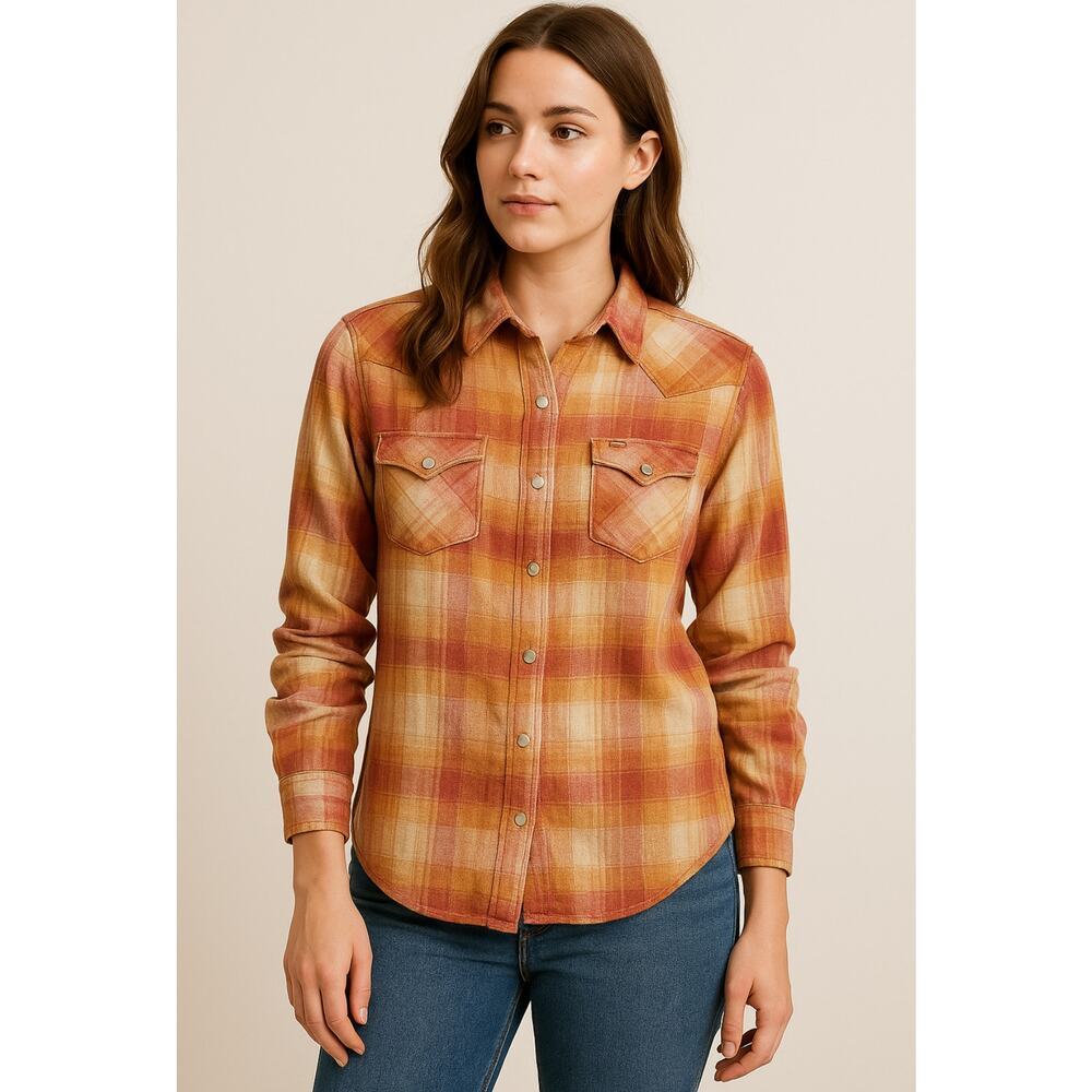 Wrangler Western Pearl Snap Shirt M Plaid Flannel Faded Rust Red Vintage Look